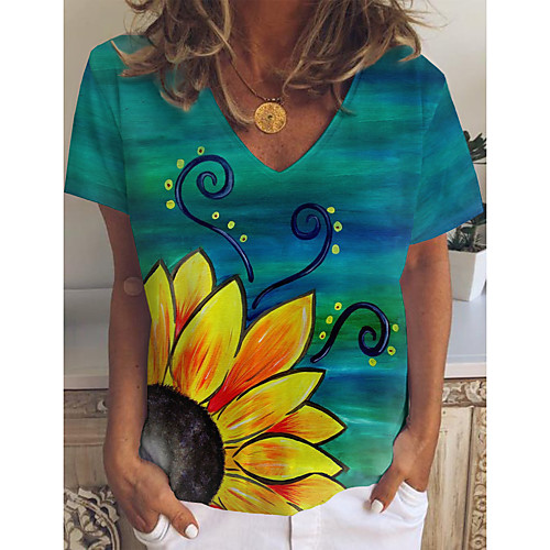 

Women's T shirt Floral Graphic Print V Neck Tops Basic Basic Top Green
