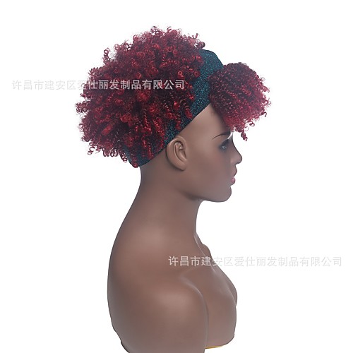 

cross-border hot sale silk scarf wig with bangs african lady wine red small curly hair foreign trade wig headgear manufacturer