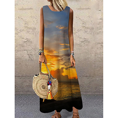 

Women's Shift Dress Maxi long Dress Yellow Sleeveless Print Color Block Print Spring Summer Round Neck Casual 2021 S M L XL XXL 3XL