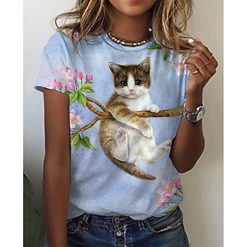 

Women's T shirt Floral Cat Graphic Print Round Neck Tops Basic Basic Top Blue