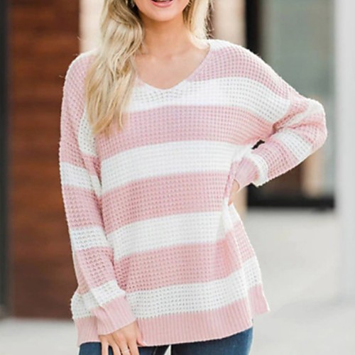 

Women's Knitted Striped Vest Long Sleeve Sweater Cardigans Crew Neck Fall Winter Blue Blushing Pink Orange