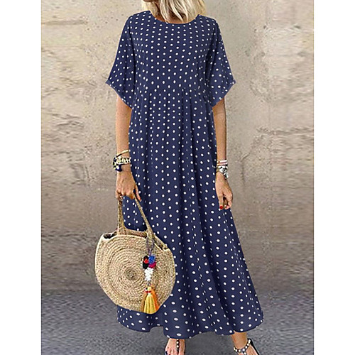 

Women's Swing Dress Maxi long Dress Blue Yellow Wine Green Short Sleeve Polka Dot Patchwork Spring Summer Round Neck Polka Dots Casual Holiday Loose 2021 L XL XXL 3XL 4XL 5XL / Chiffon