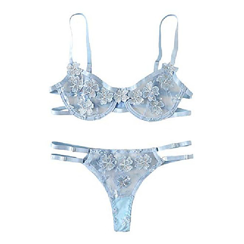 

wdirara women's floral applique mesh underwire lingerie set bra and panty moon blue m