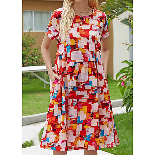 

Women's A Line Dress Knee Length Dress Red Short Sleeve Color Block Print Summer Round Neck Casual 2021 M L XL XXL
