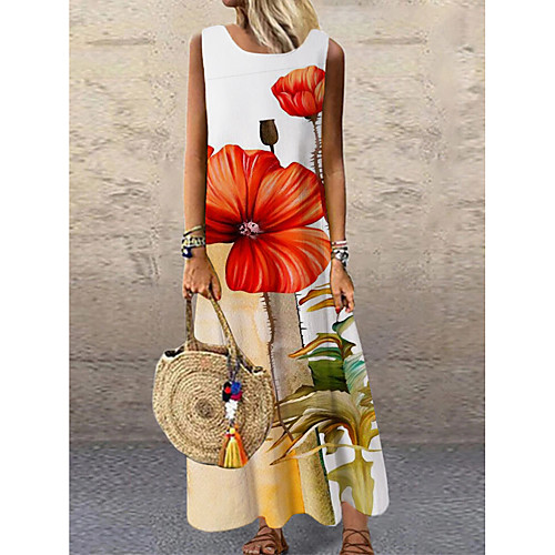 

Women's Shift Dress Maxi long Dress Red Sleeveless Rainbow Floral Print Spring Summer Round Neck Casual 2021 S M L XL XXL 3XL