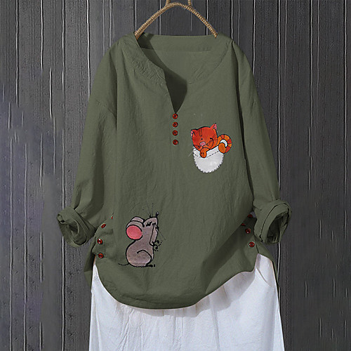 

factory outlet autumn cotton and linen plus size blouse national style v-neck loose printed shirt blouse