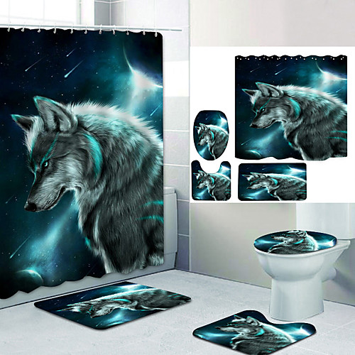 

Moon Shines Wolf Digital Printing Four-piece Set Shower Curtains and Hooks Modern Polyester Machine Made Waterproof Bathroom
