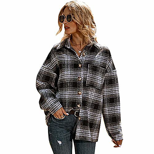 

women wool blend plaid jacket long sleeve button shirt trench shacket coat