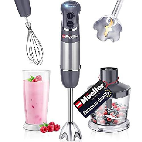 

mueller austria hand mixer, smart stick 800w, 12 speed and turbo mode, 3-in-1, titanium steel blade, comfygrip handle, with whisk, chopper / grinder bowl and beaker / measuring cup
