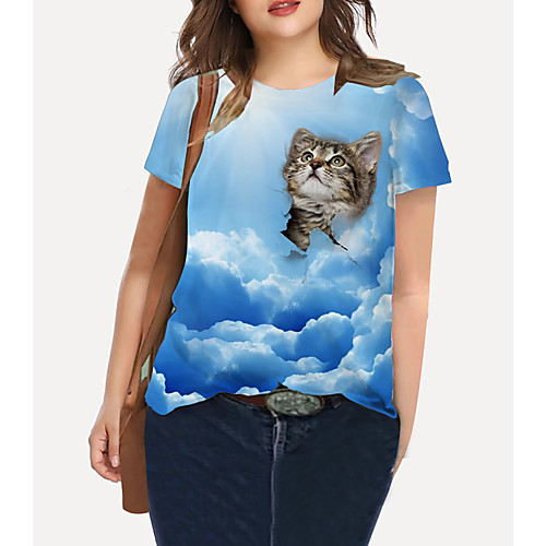 

Women's Plus Size Print Cat Graphic Animal T shirt Large Size Crewneck Short Sleeve Basic Tops XL XXL 3XL Blue Big Size