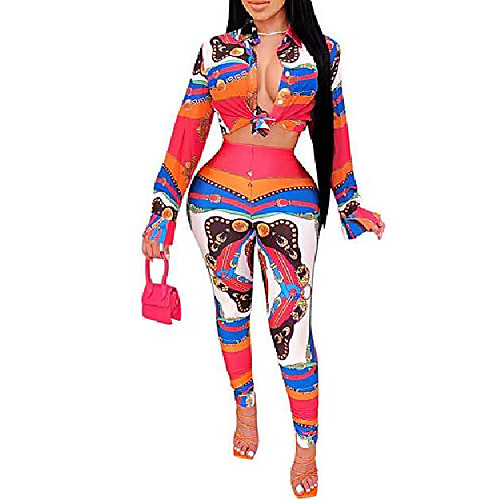 

2 piece outfits for women pants sets floral print long sleeve button romper playsuit (red, s)