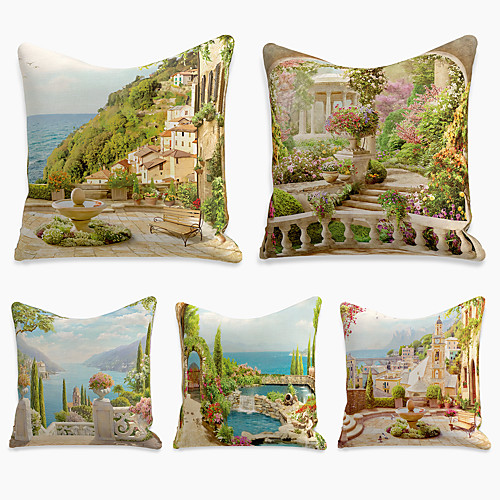 

Cushion Cover 5PC Linen Soft Decorative Square Throw Pillow Cover Cushion Case Pillowcase for Sofa Bedroom 45 x 45 cm (18 x 18 Inch) Superior Quality Machine Washable Landscape