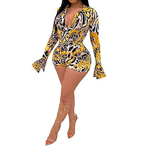 

zoctuo playsuit rompers women v-neck long sleeve print sexy short jumpsuit (yellow, x-large)