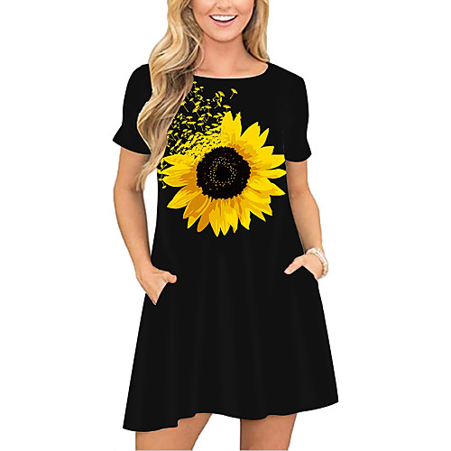 

Women's T Shirt Dress Tee Dress Short Mini Dress Black Short Sleeve Floral Print Pocket Print Spring Summer Round Neck Casual 2021 S M L XL XXL 3XL