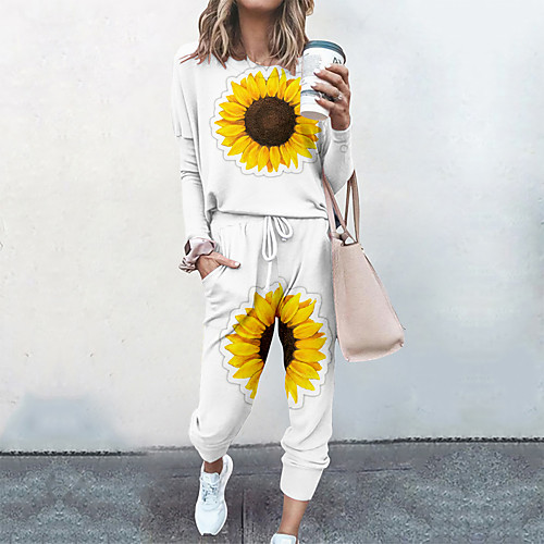 

Women's Basic Streetwear Floral Sunflower Vacation Casual / Daily Two Piece Set Tracksuit T shirt Pant Loungewear Drawstring Print Tops