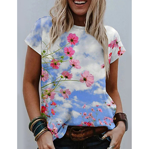 

Women's T shirt Floral Graphic Print Round Neck Tops Basic Basic Top Blue