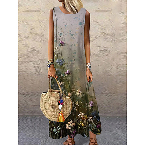 

Women's Shift Dress Maxi long Dress Light Green Rainbow Sleeveless Floral Print Print Spring Summer Round Neck Casual 2021 S M L XL XXL 3XL
