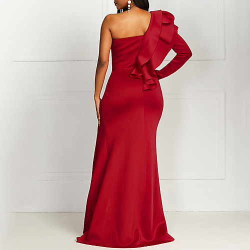 

Women's Sheath Dress Maxi long Dress Red Long Sleeve Solid Color Ruched Ruffle Zipper Winter Elegant 2021 M L XL XXL 3XL