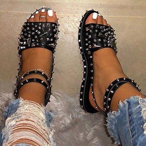 

Women's Sandals Boho Bohemia Beach Flat Heel Round Toe PU Rivet Solid Colored Black