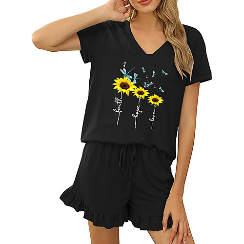 

Women Basic Streetwear Print Cat Vacation Casual / Daily Two Piece Set Tracksuit T shirt Loungewear Shorts Drawstring Ruffle Print Tops