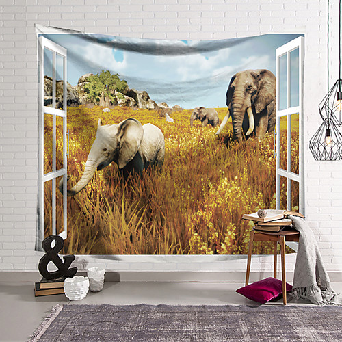 

Wall Tapestry Art Decor Blanket Curtain Hanging Home Bedroom Living Room Decoration Polyester Elephant Walking in the Yellow Grass