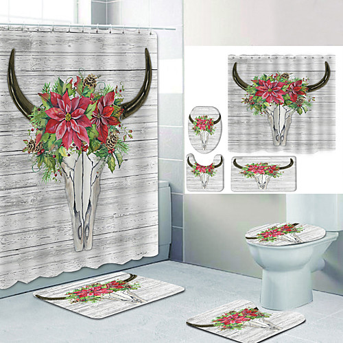 

Little Red Flower Bull Head Digital Printing Four-piece Set Shower Curtains and Hooks Modern Polyester Machine Made Waterproof Bathroom