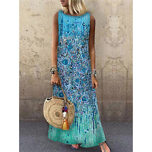 

Women's Shift Dress Maxi long Dress Blue Sleeveless Floral Print Print Spring Summer Round Neck Casual 2021 S M L XL XXL 3XL