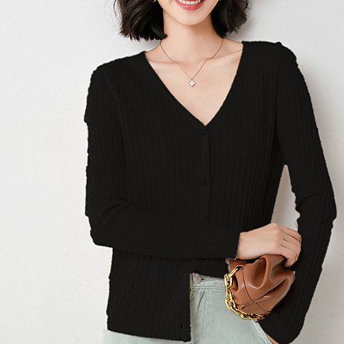 

Women's Stylish Stripe Knitted Striped Solid Color Cardigan Sweater Long Sleeve Sweater Cardigans V Neck Fall Spring Black Blue Yellow