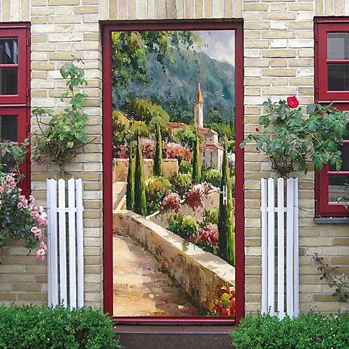 

Oil Painting Style 2pcs Self-adhesive Creative Forest Villa Door Stickers Living Room Diy Decoration Home Waterproof Wall Stickers