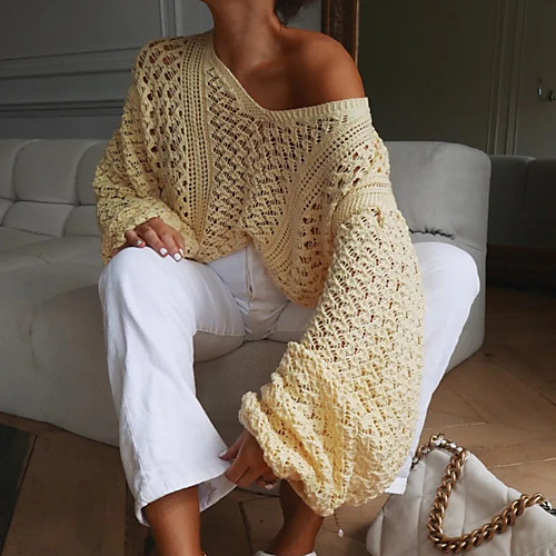

2020 autumn new european and american hot sale women's solid color loose knit tops sexy v-neck hollow sweater