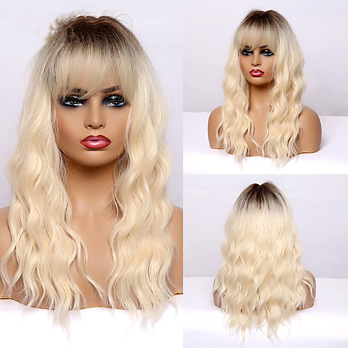 

Long Wavy Brown to Light blonde Ombre Synthetic Wigs With Bang for Afro Women Heat Resistant Cosplay Natural Hair Wigs