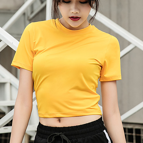 

Women's Crew Neck Yoga Top Solid Color Yellow Red Spandex Yoga Fitness Gym Workout T Shirt Top Short Sleeve Sport Activewear Breathable Quick Dry Comfortable Stretchy
