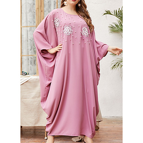 

Women's Kaftan Dress Maxi long Dress Blushing Pink Long Sleeve Solid Color Embroidered Summer Round Neck Casual Batwing Sleeve 2021 One-Size