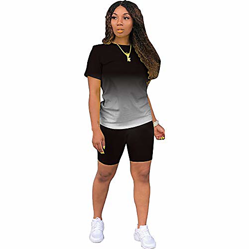 

women's 2 piece outfits gradient print short sleeve t-shirts bodycon shorts set tracksuit sport jumpsuits lounge wear (black, l)