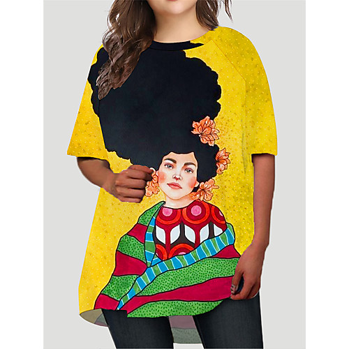 

Women's Plus Size Dresses T Shirt Dress Tee Dress Short Mini Dress Half Sleeve Graphic Portrait Print Basic Fall Light Yellow XL XXL 3XL 4XL 5XL / Holiday