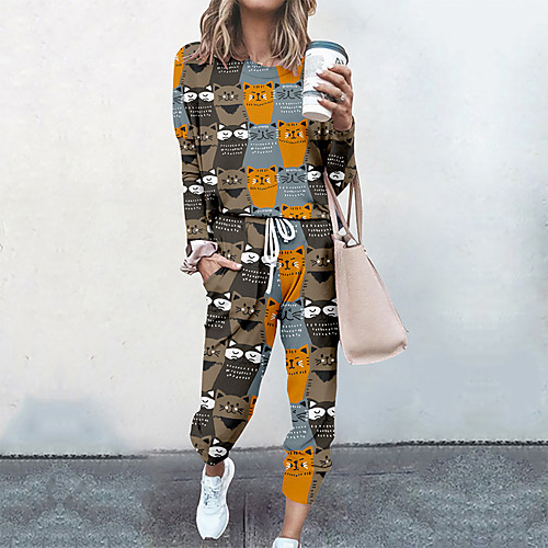 

Women's Streetwear Cinched Cat Going out Casual / Daily Two Piece Set Sweatshirt Tracksuit Pant Loungewear Drawstring Print Tops