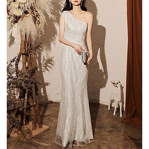 

Mermaid / Trumpet Sparkle Sexy Wedding Guest Prom Dress One Shoulder Sleeveless Floor Length Sequined with Sequin 2021