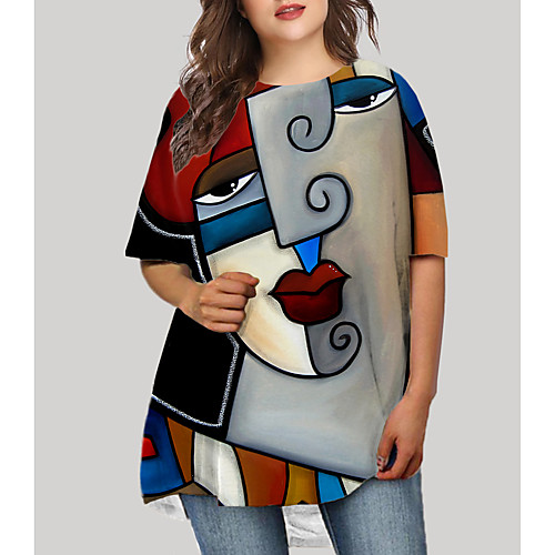 

Women's Plus Size Graphic Abstract Portrait Print Basic Half Sleeve Fall Short Mini Dress T Shirt Dress Tee Dress Gray