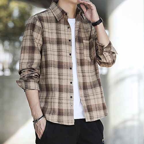 

Men's Shirt Lattice Long Sleeve Casual Tops Khaki Gray