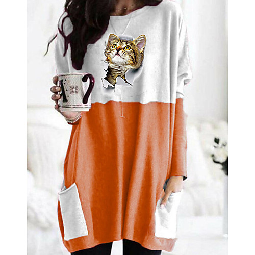 

Women's T shirt Cat Graphic 3D Long Sleeve Pocket Round Neck Tops Basic Basic Top Black Orange Khaki