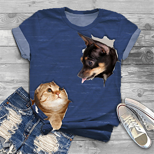 

Women's Plus Size Print Cat Dog Graphic T shirt Large Size Crewneck Short Sleeve Basic Tops XL XXL 3XL Blue Big Size