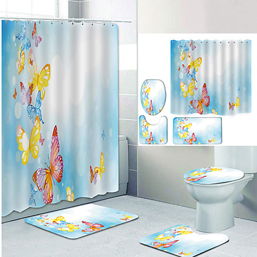 

Wearing the Flower Gap Digital Printing Four-piece Set Shower Curtains and Hooks Modern Polyester Machine Made Waterproof Bathroom