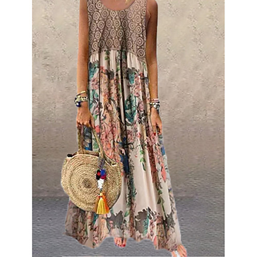 

foreign trade cross-border european and american independent station printing hit color stitching round neck sleeveless long dress