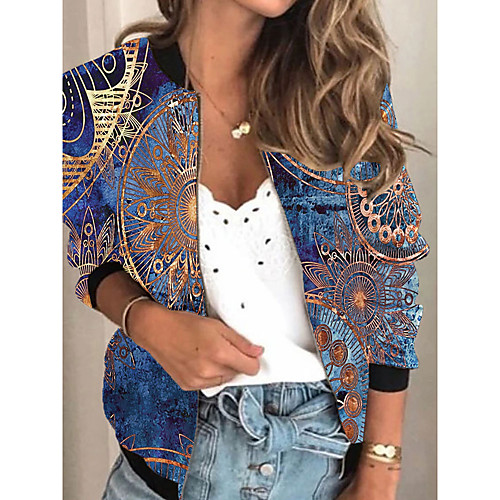 

Women's Jackets 3D Print Print Sporty Spring & Fall Jacket Regular Daily Long Sleeve Air Layer Fabric Coat Tops Blue