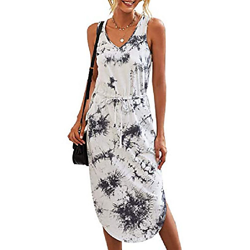 

angashion women's dresses casual leopard/tie dye v-neck sleeveless side split drawstring waist midi dress with pockets black white s