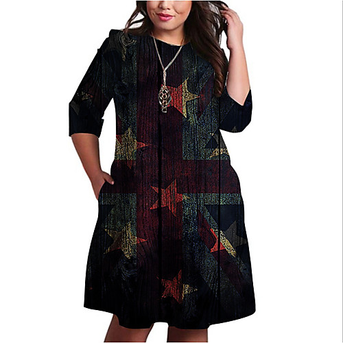

Women's Plus Size Dresses Shift Dress Knee Length Dress 3/4 Length Sleeve Graphic Flag Print Basic Fall Black XL XXL 3XL 4XL 5XL / Holiday