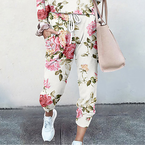 

Women's Basic Soft Comfort Daily Home Jogger Pants Flower / Floral Graphic Prints Full Length Elastic Drawstring Design Print White