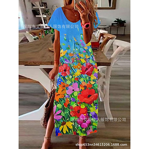 

2021 summer european and american foreign trade women's clothing independent station hot sale new round neck short sleeve skirt printing long dress