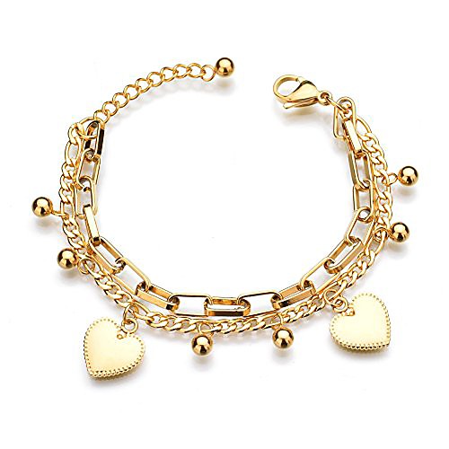 

stainless steel multi chains bracelet with ball and heart charms for women