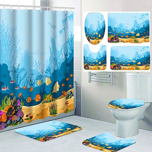 

Four-piece Design of Bathroom Shower Curtain and Leisure Toilet with Fish Seabed Biological Pattern Printing